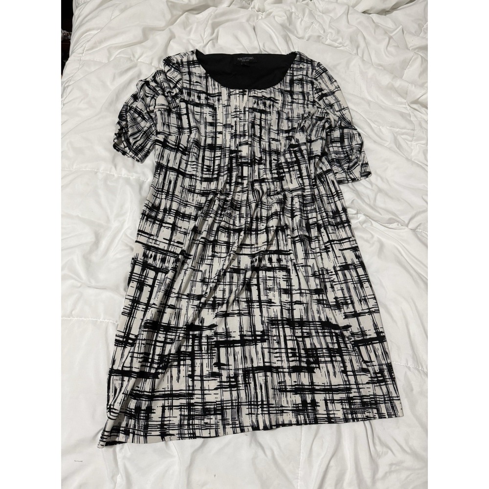 Perceptions NY Black & White Abstract Dress Pleats 3/4 Sleeve Women's Size XL